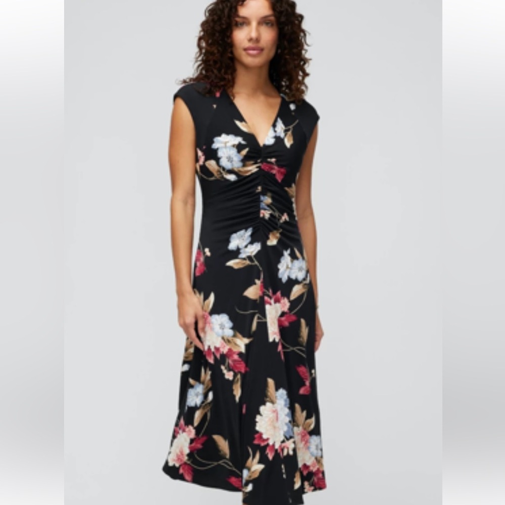WHBM cap sleeve matte jersey shirred midi dress